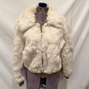 Vintage Rabbit Fur Bomber Jacket Cream White Made in Hong Kong